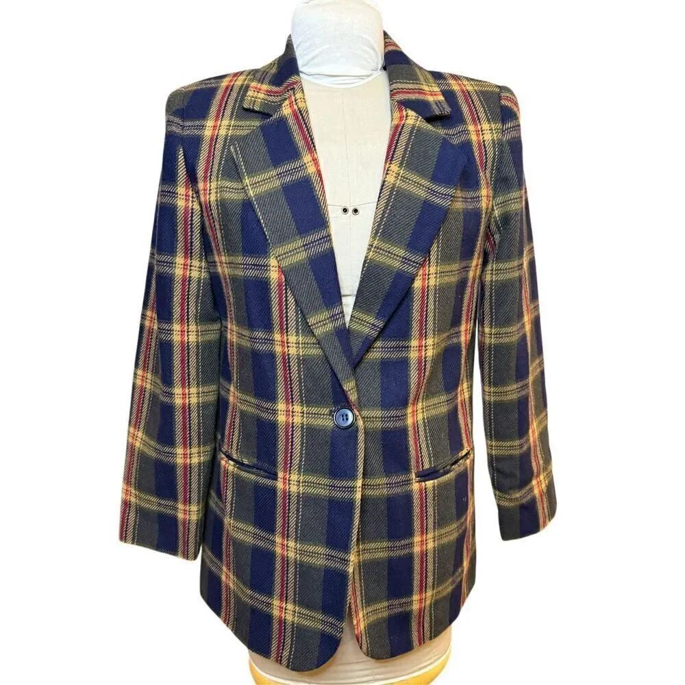 Sag Harbor Blazer Wool Blend Plaid Sz. 8 Long Sleeves Single Button Academic